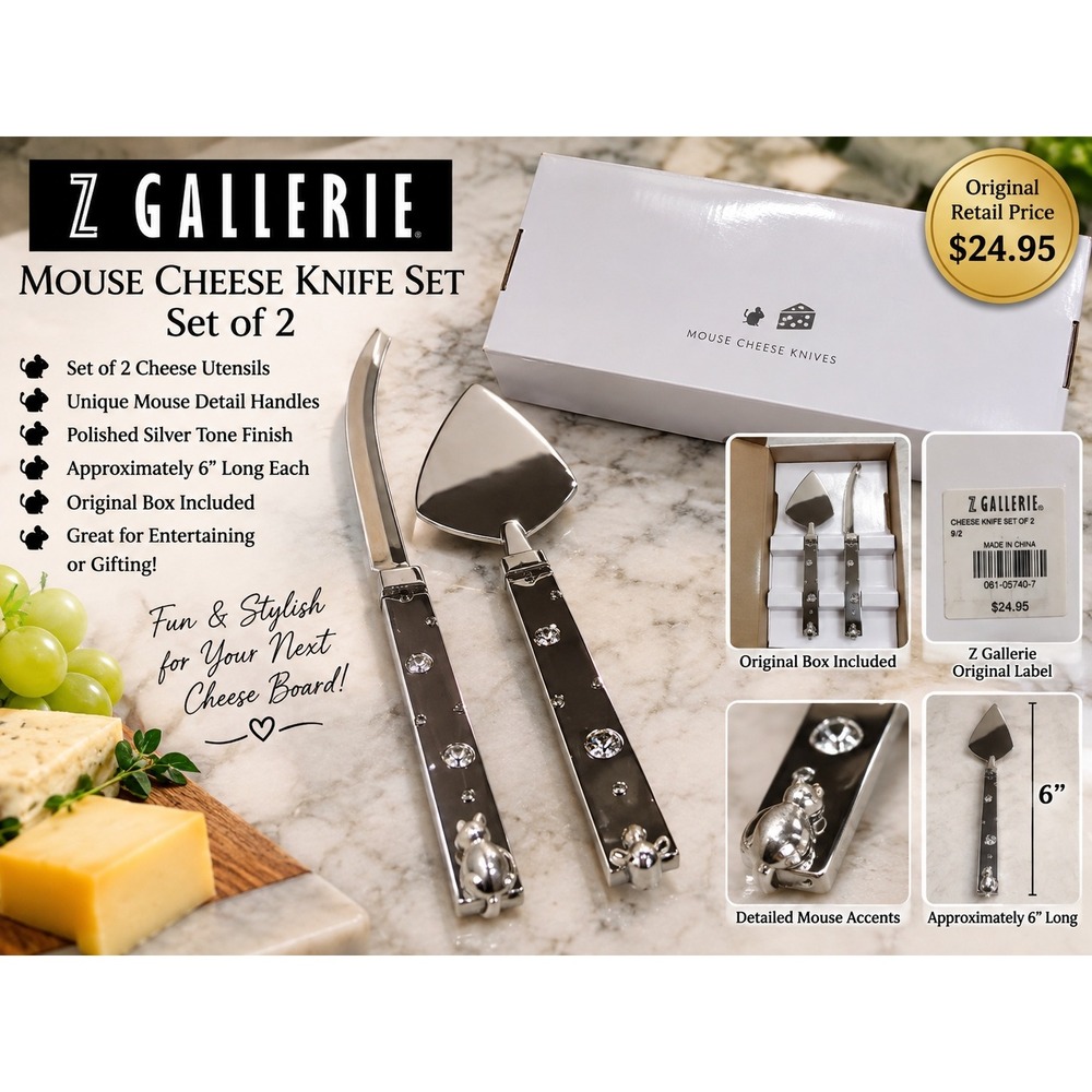 Z Gallerie Mouse Cheese Knife Set of 2 Silver Tone Crystal Accents 081-05740-7